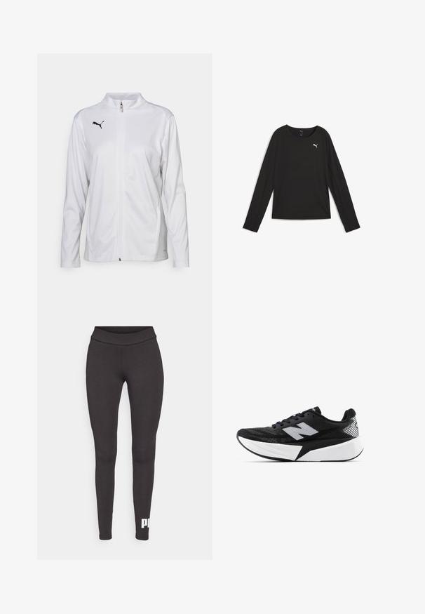 Fehér sportdzseki sima anyagból, magas gallérral, hosszú ujjal, elől cipzárral, és egy kis fekete Puma logóval a mellrészen.; Fekete, hosszú ujjú sportfelső sima anyagból, kerek nyakkivágással, fehér Puma logóval és diszkrét perforált részletekkel az oldalán.; Fekete leggings rugalmas anyagból, magas derékkal és fehér logóval, amely a bal alsó lábszáron található. Sima textúrájú.; Fekete-fehér New Balance futócipő vastag talppal, hálós felsőrésszel és "N" logóval az oldalon, külső nézetből.