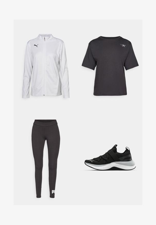 Jachetă sport albă, dintr-un material neted, cu guler înalt, mâneci lungi, fermoar frontal și un mic logo negru Puma pe piept.; Tricou negru cu mânecă scurtă, dintr-un material moale, având un decolteu rotund și un detaliu mic cu logo pe partea stângă sus.; Colanți negri dintr-un material elastic, cu un talie înaltă și un logo alb imprimat pe piciorul din stânga jos. Textură netedă.; Pantof de sport negru cu un upper texturat, curele elastice și o talpă intermediară groasă albă. Are un accent gri pe lungimea tălpii.