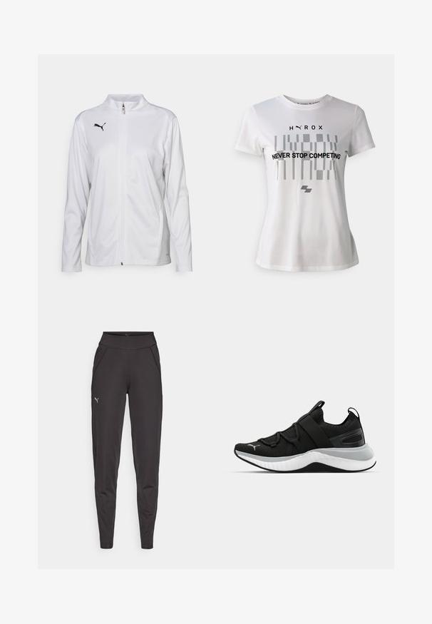 White athletic jacket made of smooth fabric, featuring a high collar, long sleeves, front zipper, and a small black Puma logo on the chest.; White athletic t-shirt with short sleeves, featuring a black geometric design and text "NEVER STOP COMPETING" across the front.; Black athletic leggings made of stretchy fabric, featuring a high waistband, side pockets, and a small reflective logo on the left thigh.; Black athletic shoe with a textured upper, elastic straps, and a thick white midsole. Features a grey accent along the sole.