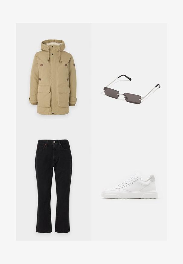 Veston parka kaki avec capuche, doté d'une doublure en polaire, de deux poches avant, de patchs sur les épaules et de cordons de serrage réglables.; T-shirt en coton blanc avec des manches courtes, col rond et un texte graphique rouge "FRUIT RAFRAÎCHISSANT DÉLICIEUX" à l'avant.; Jean en denim noir présentant un design à jambe droite, un style à cinq poches et des accessoires en métal avec des accents en cuivre. Texture lisse et taille moyenne.; Des baskets en cuir blanc avec une finition lisse, un bout rond, des lacets plats et une semelle texturée. Accents en daim gris au niveau du talon.; Lunettes de soleil avec des verres rectangulaires gris foncé, des montures en métal argenté et des embouts en plastique noir sur les branches. Conception légère avec des plaquettes de nez.