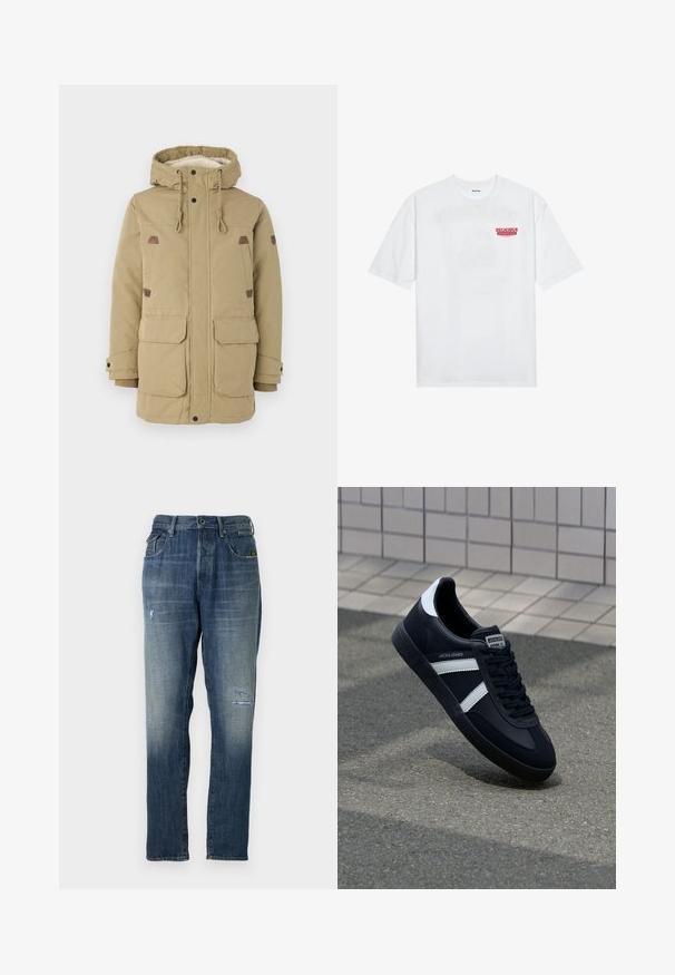 Kaki parka jakna s kapuco, z oblazinjenjem iz flisa, dvema sprednjima žepoma, odseki na ramenskem delu in nastavljivimi vrvicami.; Bela bomba majica iz bombaža z kratkimi rokavi, krožno ovratnikom in rdečim grafičnim besedilom "OKUSNO OSVEŽILNO SADJE" na sprednji strani.; Denimske hlače v zbledeli modri barvi, s straight leg obliko, z zmernim obrabljenjem spredaj in klasičnim pet-pocket stilom.; Črne usnjene superge z belimi črtami, teksturiran gumijast podplat in zavezovanje spredaj. Imajo označeno oznako na ježku.