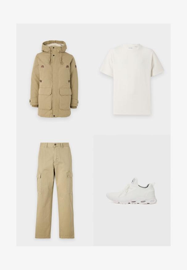 Kaki parka jakna s kapuljačom, koja ima flis podstavu, dva prednja džepa, ramene zakrpe i podesive vezice.; Bijela kratka majica s kratkim rukavima u rebrastoj teksturi. Okrugli izrez, ležeran kroj, bez vidljivih uzoraka ili akcenta. Jednostavan i svestran dizajn.; Bež cargo hlače izrađene od pamuka, s dva bočna džepa, zatvaranjem na gumb i ravnim nogavicama od blago teksturirane tkanine.; Bijele atletske tenisice s gornjim dijelom od teksturiranog pletenog materijala, ravnim vezicama i jastučićem u potplatu s vidljivim zračnim komorama radi dodatne potpore.