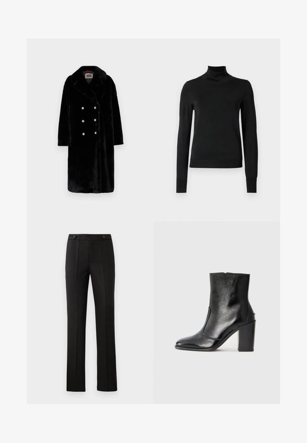 Sort faux fur frakke med dobbeltbrystet design, der har skinnende sølvknapper og et klippet krave. Blød tekstur og mellemlang længde.; Sort langærmet turtleneck sweater med ribbede manchetter og kant, vist på en simpel hvid baggrund.; Sorte skræddersyede bukser med lige ben, to frontlommer, knaplukning og plissé detaljer foran. Glat stofstruktur.; Sorte læder ankelstøvler med en glat overflade, spids tå og en chunky høj hæl. Har en sidelukning og minimalistisk design.