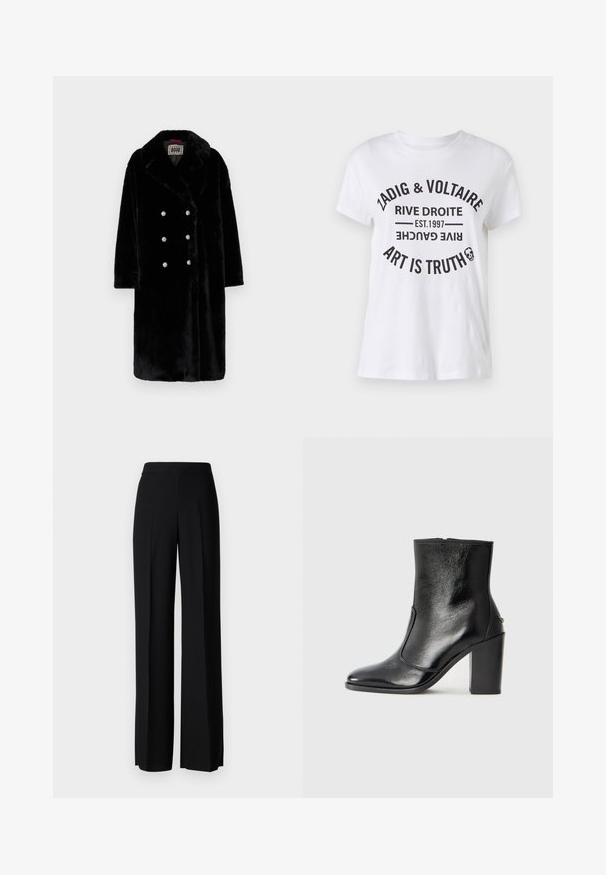 Schwarzer Kunstfellmantel mit einem doppelreihigen Design, ausgestattet mit glänzenden Silberknöpfen und einem geschlitzten Kragen. Weicher Stoff und mittellange Passform.; Weißes Baumwoll-T-Shirt mit fettem schwarzen Text, der den Markennamen, den Standort, das Gründungsdatum und den Slogan in einem kreisförmigen Layout zeigt. Rundhalsausschnitt.; Schwarze weite Hosen mit einer glatten Textur, ausgestattet mit einem hohen Bund und mittleren Falten. Keine sichtbaren Muster oder Hardware-Details.; Schwarze Leder-Stiefelette mit glatter Textur, spitzem Fuß und klobigem hohen Absatz. Verfügt über eine seitliche Öffnung und ein minimalistisches Design.