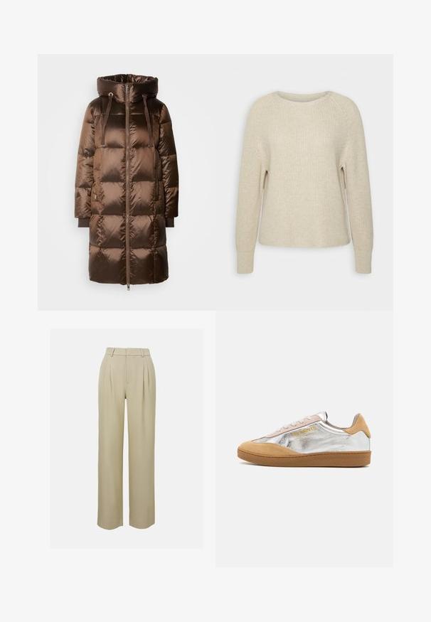 Mos Mosh JACKET - Untuvatakki - rain drum; Vaaleanpunainen neulepaita, jossa on pyöreä pääntie, raglan-hihat ja ribbikuvioidut hihat. Tekstuuri on pehmeä, rento istuvuus ja vähäiset yksityiskohdat.; Beige leveleet housut valmistettu sileästä kankaasta, joissa on etupleatit, muotoiltu vyötärö ja sivutaskut. Siisti helman viimeistely.; Hopeiset ja vaaleanruskeat mokkakengät, joissa on teksturoitu kumipohja, beige nauhat sekä keltainen logo painettuna sivulle.