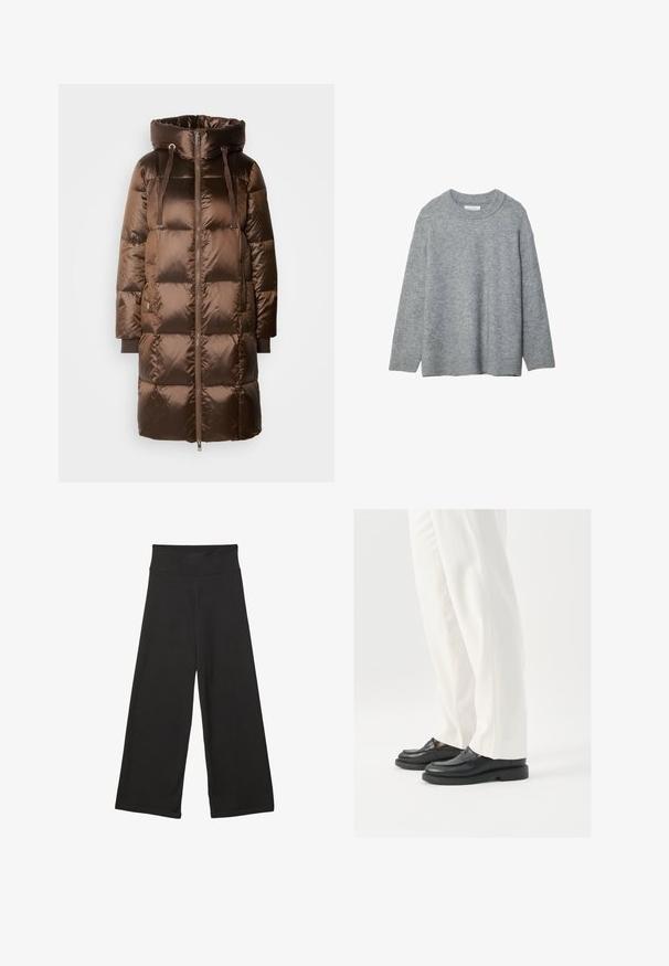 Mos Mosh JACKET - Daunenmantel - rain drum; Grauer gestrickter Pullover mit Rundhalsausschnitt, herunterhängenden Schultern und gerippten Bündchen. Weiche Textur und lockere Passform. Keine Muster oder Akzente.; Schwarze weit geschnittene Hosen mit einem hohen elastischen Bund, weichem Stoff und lockerer Passform, geeignet für legere Anlässe oder entspannte Umgebungen.; Schwarze Lederloafers mit glatter Textur, mit Stichdetails und runder Zehenform, kombiniert mit weißen maßgeschneiderten Hosen.