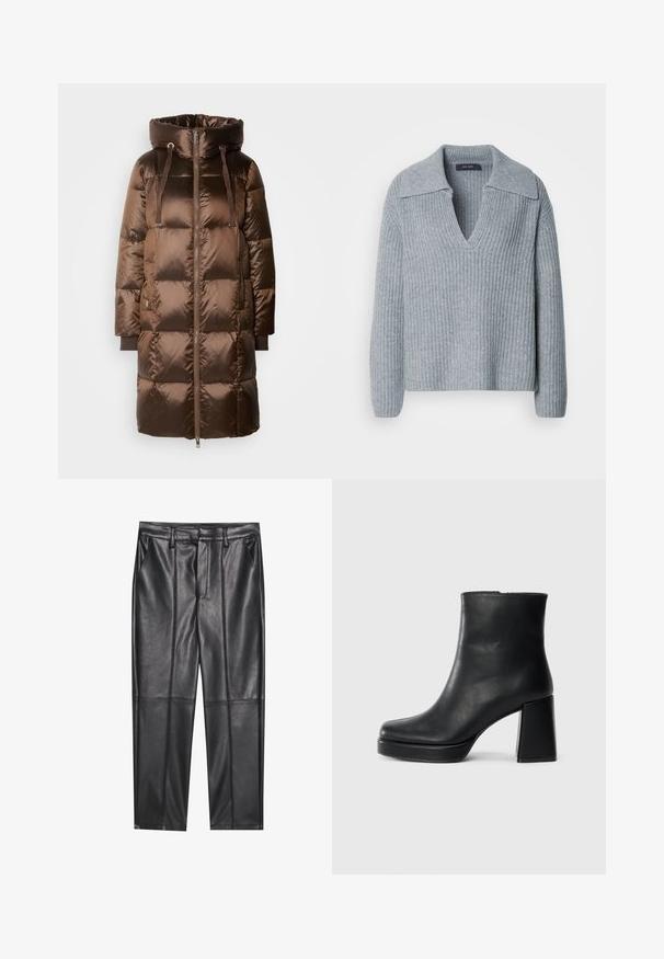 Mos Mosh JACKET - Down coat - rain drum; Gray ribbed pullover sweater with a V-neck and wide collar. Features long sleeves and textured fabric.; Black leather trousers with a smooth texture, featuring a straight fit, two front pockets, and visible seam detailing.; Black leather ankle boot with a block heel and platform sole, viewed from the side on a plain white background.