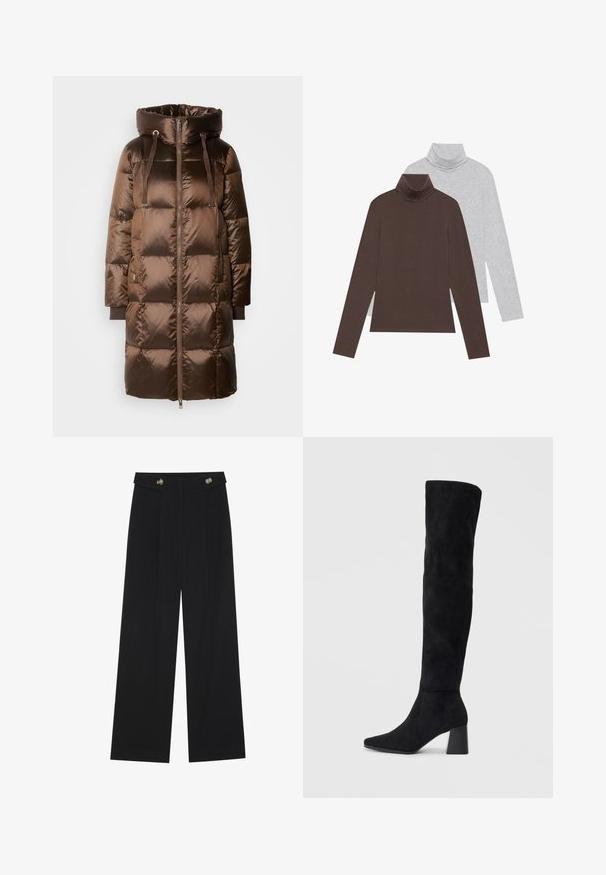 Mos Mosh JACKET - Donsjas - rain drum; Twee langemouwen turtleneck tops: één in donkerbruin, de ander in lichtgrijs. Gemaakt van een gladde stof met een aansluitend ontwerp en geribde hals.; Zwarte wijde broek met hoge taille, knoopdetails op de tailleband en plooien aan de voorkant.; Zwarte suède kniehoge laars met blokhak, spitse neus en een glad, naadloos ontwerp op een effen lichte achtergrond.