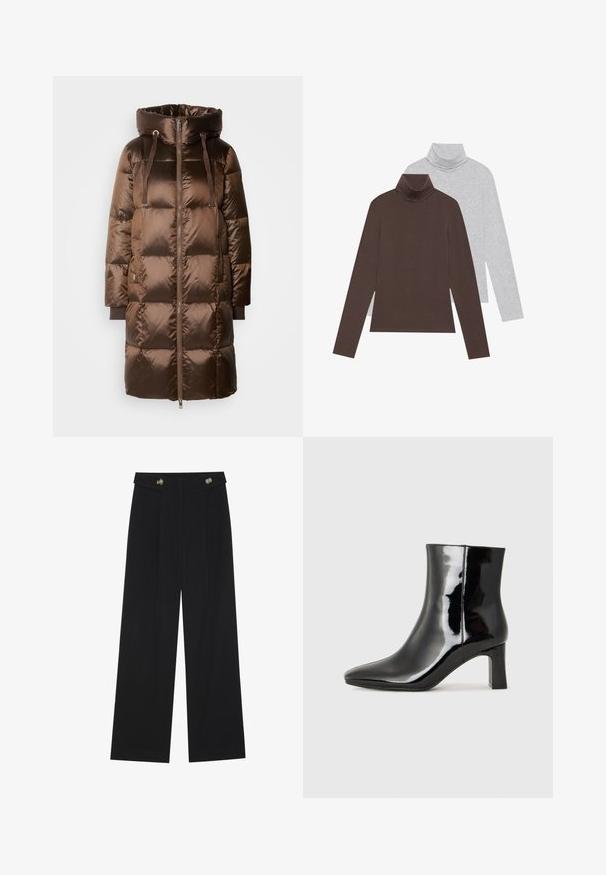 Mos Mosh JACKET - Dunkappa / -rock - rain drum; Två långärmade turtleneck-toppar: en i mörkbrunt och den andra i ljusgrått. Tillverkade av ett slätt tyg med en fitad design och ribbad krage.; Svarta vida byxor med hög midja, knäppdetaljer i midjan och framfickor.; Svart lackläder ankelboot med spetsig tå och en medelhög klack. Slät textur och minimalistisk design.