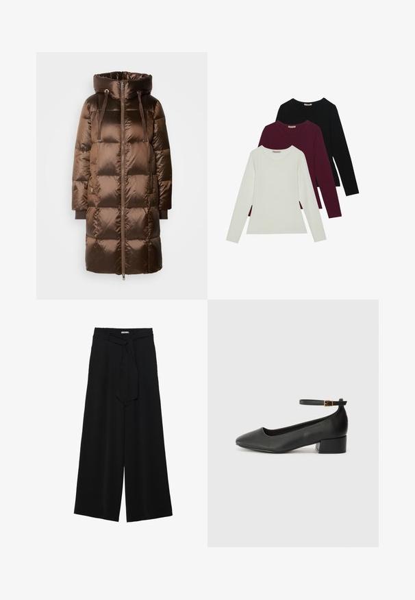 Mos Mosh JACKET - Dūnu mētelis - rain drum; Garās piedurknes T-krekli baltā, bordo un melnā krāsā. Izgatavoti no mīkstas auduma ar apaļu kakla izgriezumu un pieguļošu dizainu. Piemēroti kā slāņošana.; Melni platleņķa bikses ar teksturētu audumu, elastīgu jostu un noņemamu siksnu viduklī, kas nodrošina regulējamu piegulšanu.; Melnas ādas sūkņi ar smailu purngalu un zemu bloku papēdi. Iezīmēts ar potītes siksniņu ar zelta krāsas sprādzi. Gluda tekstūra.