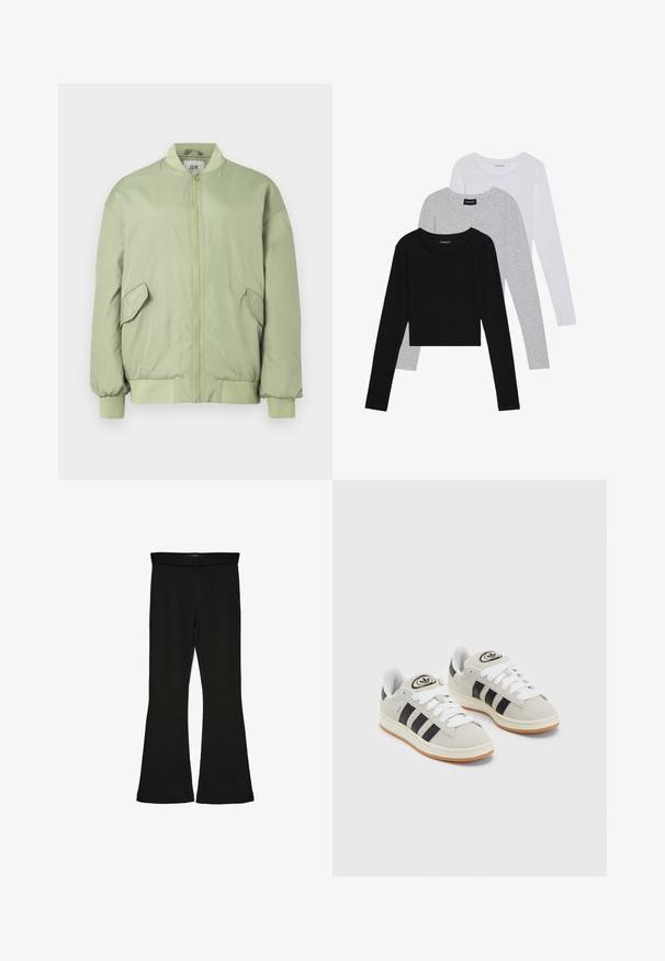 Gaiši zaļš bomber jakas ar rāvējslēdzēja priekšpusi, sānu kabatām, elastīgām aprocēm un ribotām malām. Izgatavota no gludas, vieglas auduma.; Trīs garām piedurknēm veidotas augšdaļas, sakrautās: melna, pelēka un balta. Katram ir noapaļots kakla izgriezums un īsa dizaina forma ar gludu, vieglu audumu.; Melnas flared leggings, kas izgatavotas no stiepjama auduma. Iezīmējas ar platu jostasvietu un gludu tekstūru, ar pieguļošu siluetu, kas paplašinās pie apakšmalas.; Pelēkas zamšādas kedas ar baltām saites, melnām svītrām un baltu gumijas zoli. Raksturīga apļa logo uz mēles un gumijas zole.