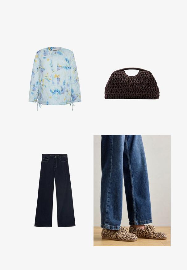 Gequilted jas in lichtblauw met bloemmotieven in tinten blauw en geel. Heeft strikjes aan de onderrand en een ronde halslijn.; Moves NELLA - Overhemdblouse - mauve mist; Wijdbenige jeans in donkerblauwe denim met gele stiksels, vijf zakken en een knoopsluiting. Soepele textuur, casual ontwerp.; Luipaardprint loafers van suede, met een ronde neus, vetersluiting en platte, flexibele zolen, gecombineerd met blauwe jeans.; Geweven bruin handtas met een ronde silhouet, voorzien van een bovenhandvat en een gestructureerde oppervlakte. Compact ontwerp met een platte basis voor stabiliteit.
