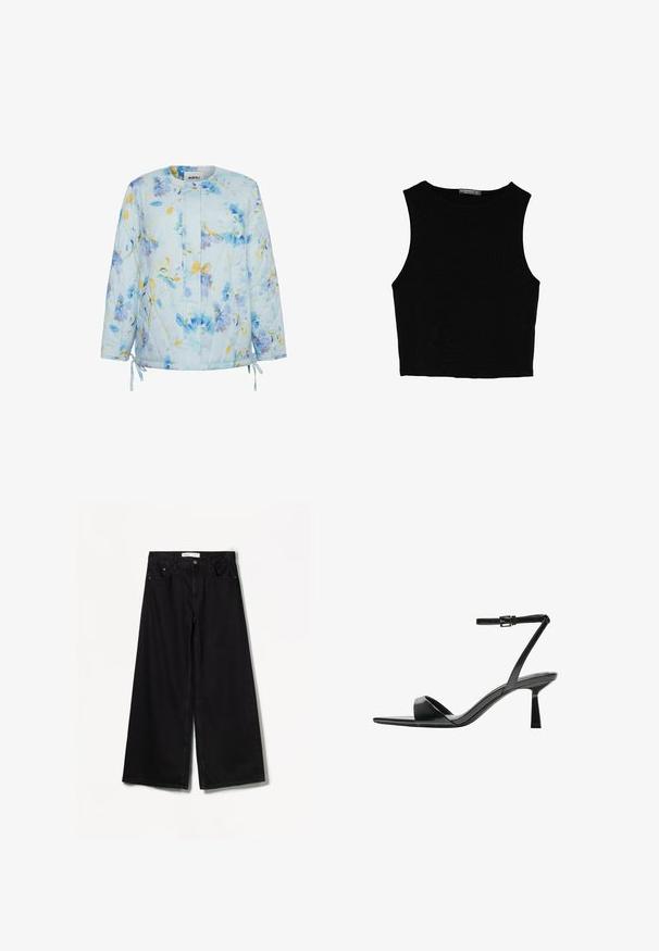 Quiltet jakke i lyseblå med blomsterdesign i nuancer af blå og gul. Har snore i kanten og en rund halsudskæring.; Sort ærmeløs crop top lavet af glat stof, med rund hals og et rent, enkelt design uden mønstre eller hardware.; Bershka WIDE-LEG - Wide leg - black; Bershka Højhælede sandaletter / Højhælede sandaler - black