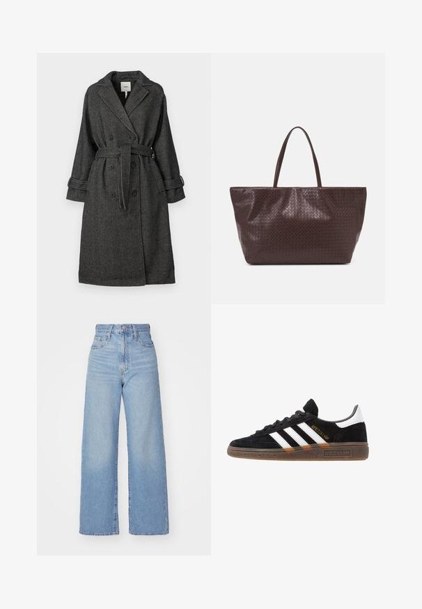 Melnbalts zābaku raksts mētelis ar dubulto pogu priekšpusi, plašu apkakli, jostu un salocītām piedurknēm. Strukturēts audums.; Rozā bezpiedurkņu tops ar V-veida kakla izgriezumu, kas rotāts ar smocētiem elementiem un ziedu rakstu. Uz polka punkta fona ir izkaisīti mazi sarkani ziedi.; Gaiši zili augstās jostas vidukļa platās bikses ar priekšējo pogu un rāvējslēdzēju, priekšējām un aizmugurējām kabatām uz baltā fona.; Melnas Adidas sporta kurpes ar baltām svītrām, zelta "Spezial" uzrakstu, gumijas zoli un baltu papēža daļu, attēlotas profila skatījumā.; Brūna austs ādas rokassoma ar divām rokturiem, strukturētu formu un teksturētu virsmu, ar diagonālu rakstu visā virsmā.