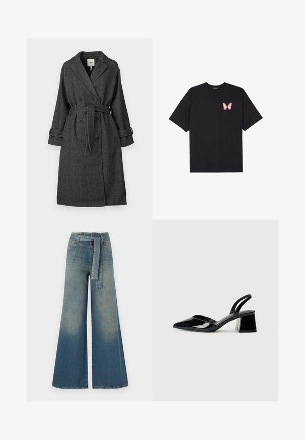Schwarz-weißer Fischgrätmuster-Mantel mit doppelter Knopfreihe, weitem Kragen, Gürtel und umgeschlagenen Manschetten. Strukturierter Stoff.; Schwarzes Baumwoll-T-Shirt mit kurzen Ärmeln, das ein kleines pinkes Schmetterlingsmotiv auf der linken Brust zeigt. Crewneck-Design mit einem entspannten Schnitt.; Weit geschnittene Denim-Hosen mit einem Farbverlauf von hellblau zu dunkelblau, hoher Taille, Gürtelschlaufen und einem passenden Stoffgürtel. Strukturierte Denim-Oberfläche.; Schwarze Lackleder-Slingback-High Heels mit spitzem Schuh und einem geometrischen Blockabsatz. Verfügt über ein schlankes, minimalistisches Design und eine glatte Textur.