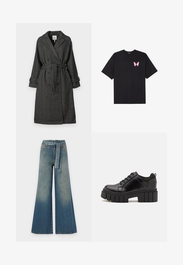 Svart og hvit fiskebensmønster frakk med dobbel knepping, bred krage, belte og rullede mansjetter. Teksturert stoff.; Svart bomulls T-skjorte med korte ermer, med en liten rosa sommerfugl grafikk på venstre bryst. Crew-neck design med en avslappet passform.; Bredde ben jeans med en lyseblå til mørkeblå gradient, høyt liv, beltehemper og et matchende belte i samme stoff. Teksturert denimoverflate.; Svarte lærplattformsko med kraftig blokkhell, rund tå og tradisjonell snøring. Har en jevn tekstur og minimal detaljering.