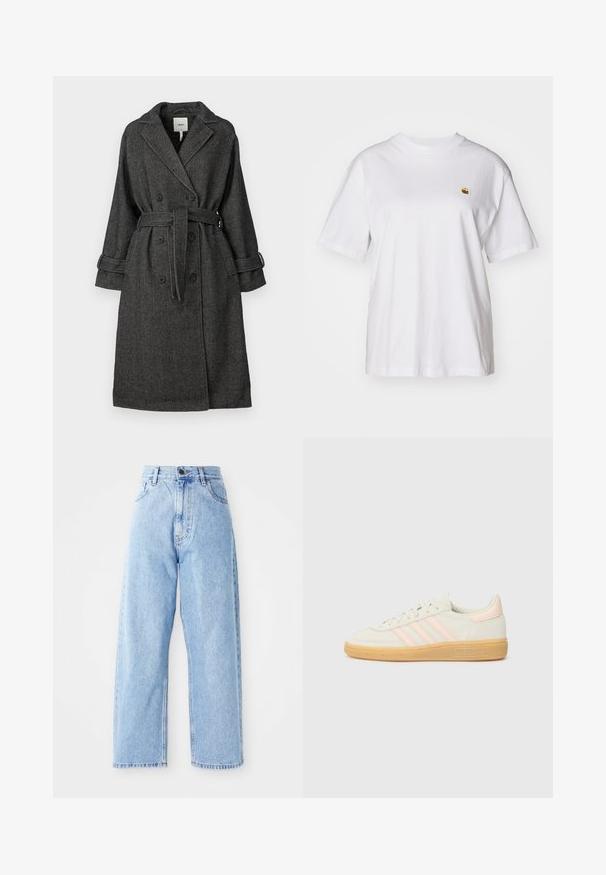 Manteau à motif chevrons noir et blanc avec un devant croisé, un large col, une ceinture et des poignets roulés. Tissu texturé.; T-shirt en coton blanc avec une coupe décontractée, des manches courtes et un petit logo brodé sur la poitrine gauche.; Jeans en denim bleu clair taille haute avec des jambes droites larges, fermeture à bouton à l'avant, fermeture éclair et poches avant et arrière.; Baskets en daim avec une tige crème, trois bandes rose pâle et une semelle en gomme. Design à lacets avec des accents cousus et un logo.