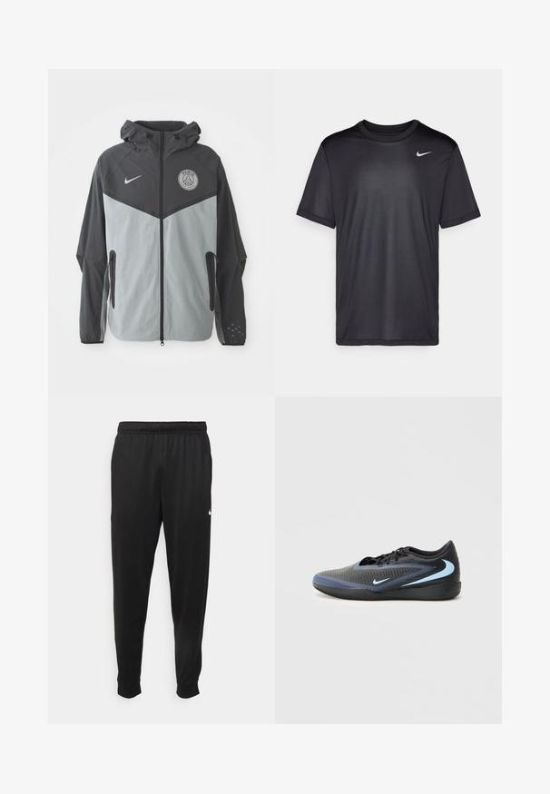 Mikina Nike Paris Saint-Germain s kapucňou, v čierno-svetlosti sivej farebnej kombinácii, so zipsom vpredu a logom na hrudi.; Čierne športové tričko s krátkym rukávom, okrúhlym výstrihom, vyrobené z hladkej tkaniny. Obsahuje malé biele logo Nike na hornej ľavej strane.; Čierne športové nohavice z hladkej tkaniny, s elastickým pásom, zužujúcimi sa nohavicami a malým bielym logom na ľavej strane.; Čierne a modré nízke športové tenisky s textúrovaným povrchom, čiernymi šnúrkami a svetlomodrými logami Nike swoosh na boku a podrážke.