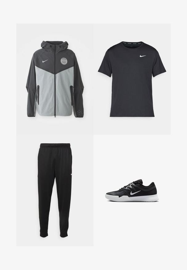 Nike Paris Saint-Germain takki hupulla, jossa on musta ja vaaleanharmaa värimaailma, vetoketjukiinnitys edessä ja logo rinnassa.; Musta Nike juoksupaita, joka on valmistettu kevyestä ja hengittävästä materiaalista. Paidassa on lyhyet hihnat ja pieni valkoinen logo rinnassa.; Mustat urheiluhousut, jotka on valmistettu sileästä kankaasta. Niissä on joustava vyötärö, kapenevat lahkeet ja pieni valkoinen logo vasemmalla puolella.; Musta urheilukenkä, jossa on teksturoitu päällinen, valkoinen Nike-tikkaus ja valkoinen kumipohja. Kenkässä on nauhakuji ja dynaaminen muoto.