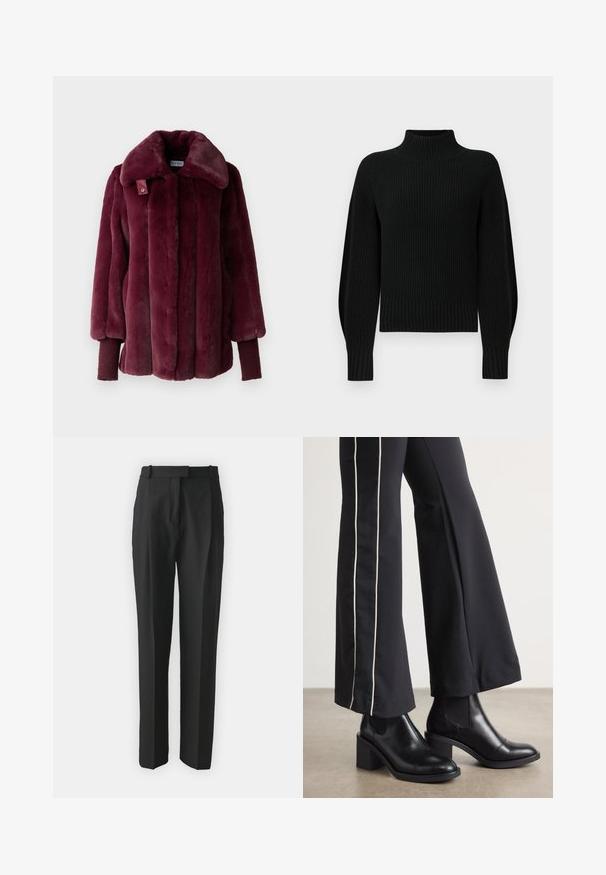 Patrizia Pepe COATS - Talvemantel - plum elixir; Must musträtik, millel on kõrge kaelus, ribatehnika ja raglanvarrukad. Kehaosa on veidi lühendatud ja paksu ribaga ääris.; Mustad kohandatud mustad püksid kergest kangast, sirge lõikega, lamedate esiosadega ja vöökohaga. Sile tekstuur ilma nähtavate mustriteta.; Mustad nahast pahklu_bootid, millel on ploki konts ja elastsed külgpaneelid. Kombineeritud mustade pükstega, millel on valge küljeriba.