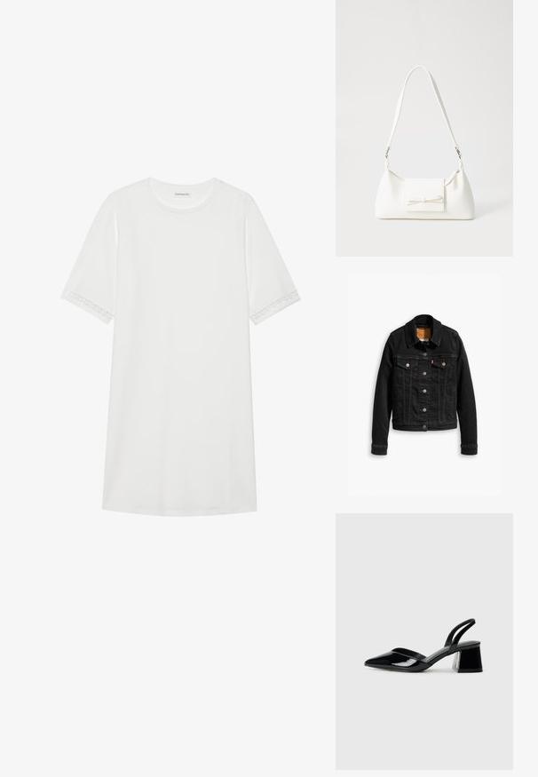Jaqueta de ganga preta com dois bolsos frontais no peito, fechos de botão prateados e um colarinho clássico. Textura suave com detalhes em costura contrastantes.; Vestido de t-shirt branco em algodão com mangas curtas. Apresenta um detalhe de renda decorativa nas bordas das mangas. Corte simples e descontraído.; Sandy em verniz preto com salto slingback, ponta afilada e salto geométrico. Apresenta um design elegante e minimalista com textura suave.; Mala sintética branca com formato triangular, aba frontal plana e detalhe de laço, alça ajustável, textura suave e design minimalista.