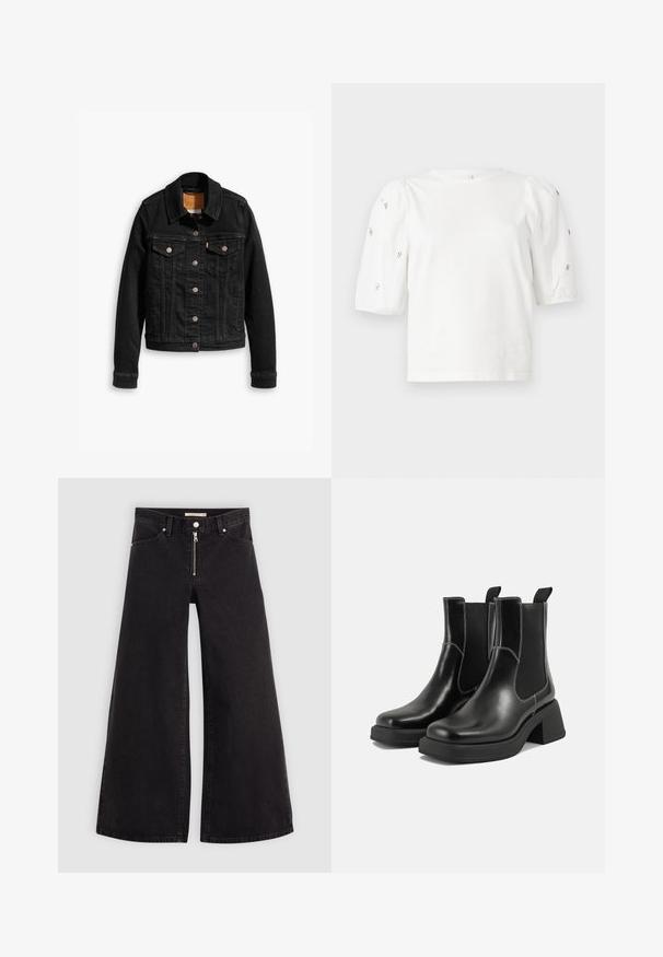 Musta farkkutakki, jossa on kaksi rintataskua, hopeiset nappikiinnitykset ja klassinen kaulus. Sileä pinta, jossa on kontrastiväriset ompeluyksityiskohdat.; Valkoinen puuvillainen t-paita lyhyillä puffihihnoilla, joissa on pieniä hopeisia koristeita hihojen varrella. Klassinen pyöreä kaula-aukko, rento malli.; Mustat leveälahkeiset farkut, joissa on vetoketjufrunti, viisi-taskuinen muotoilu ja hienovaraiset ompelusyyt. Sileä pinta ja rento tyyli.; Mustat nahkaiset Chelsea-kengät paksulla korolla, joustavilla sivupaneeleilla ja kontrastilla valkoisella ompelulla. Teksturoitu pinta.