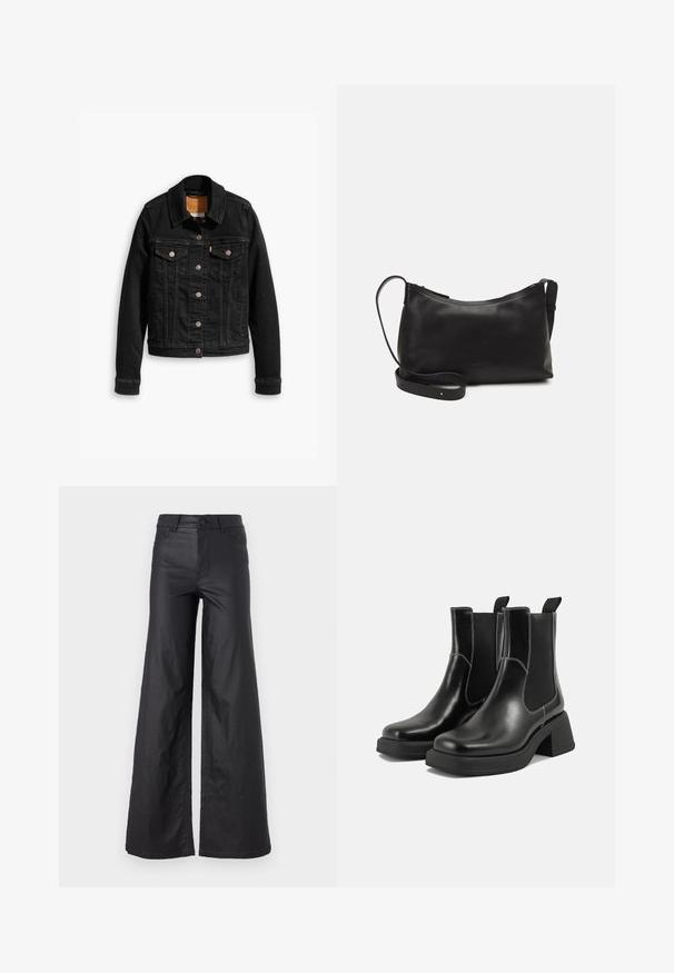 Crna traper jakna s dva prednja džepa na prsima, srebrnim dugmadima i klasičnim ovratnikom. Glatka tekstura s kontrastnim šavovima.; Crna majica kratkih rukava s okruglim izrezom, izrađena od mekane pamučne tkanine. Jednostavan dizajn, bez vidljivih logotipa ili uzoraka.; Crne široke hlače od umjetne kože. Imaju visoki struk, petlje za remen, dva prednja džepa i šivanu obradu.; Crne kožne Chelsea čizme s debelim potplatom, elastičnim bočnim panelima i kontrastnim bijelim šavovima. Teksturirana površina.; Crna kožna torba na rame s glatkom teksturom, zakrivljenim oblikom, podesivim remenom i zatvaranjem na patentni zatvarač. Minimalistički dizajn bez ukrasa.