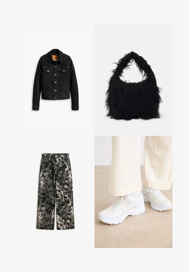 Svart denimjacka med två framfickor på bröstet, silverfärgade knappar och klassisk krage. Slät textur med kontrasterande sömnadsdetaljer.; Svart långärmad skjorta med vit broderi av ett lejon och text, med rund halsringning och ribbade ärmslut.; Mellanhöga, vida byxor i ett strukturerat svartvitt blommönster på en grå bakgrund, med en klassisk midja och framfickor.; Vita sportskor med ett nätmönster, texturerade ytor och stödjande sulor. Snörning och subtil varumärkesdetalj på sidan.; Even&Odd Shoppingväska - black