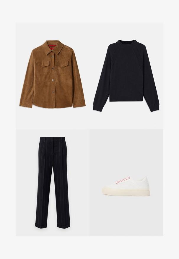 Casaco de camurça castanho com gola, dois bolsos no peito e botões de pressão prateados. Textura suave com bainha reta e mangas longas.; Sweater azul marinho escuro com decote redondo, mangas raglan longas, punhos canelados e barra reta. Feito de um material de malha macia e texturizada.; Calças pretas risca de giz com um ajuste sob medida, apresentando uma bainha com dobra e pregas frontais. Feitas de um tecido suave com um design estruturado.; Ténis brancos com atacadores rosas, apresentando um design em couro liso, biqueira redonda e uma sola de borracha bege, inclui detalhes de costura.