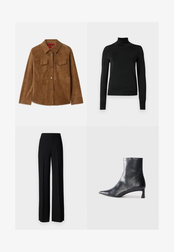 Casaco de camurça castanho com gola, dois bolsos no peito e botões de pressão prateados. Textura suave com bainha reta e mangas longas.; Sweater preto de manga longa com gola alta, com punhos e bainha canelados, exposto em um fundo branco liso.; Calças largas pretas com uma textura suave, apresentando uma cintura alta e pregas centrais. Sem padrões visíveis ou detalhes em metal.; Bota de tornozelo em pele preta com biqueira apontada e um design elegante. Apresenta um salto baixo e um fecho com zipper na parte de trás. Textura suave.