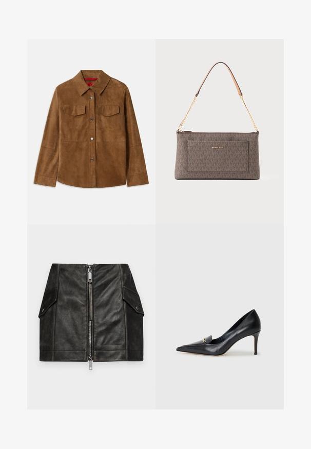 Smeđa nubuk kožna jakna s ovratnikom, dva džepa na prsima i srebrnim dugmadi na snap. Glatka tekstura s ravnim rubom i dugim rukavima.; Krem boje duga majica od pletene tkanine s izrezom u obliku okruglog vrata, s rebrastim manžetama i rubom, položena ravno na bijeloj pozadini.; Svijetloplava košulja dugih rukava, uskog kroja, s oštrim kragnom i skrivenim prednjim gumbima, krojena u struku i s gumbima na manžetama.; Crna kožna mini suknja s prednim patentnim zatvaračem, dva bočna džepa i glatkom teksturom. Sadrži pojačane šavove i strukturirani dizajn.; Crne kožne štikle s oštrim vrhom, niskim dekolteom i dekorativnim zlatnim naglaskom. Imaju štiklu i glatku teksturu.; Smeđi pravokutni Michael Korsu torba s ponavljajućim uzorkom loga, zlatna lančana traka s kožnim jastučićem za rame i prednji džep s imenom marke.