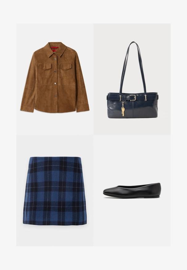 Casaco de camurça castanho com gola, dois bolsos no peito e botões de pressão prateados. Textura suave com bainha reta e mangas longas.; Sweater sem mangas de cor cinza claro, com decote e barra canelados. Apresenta três aplicações florais texturizadas na parte da frente. Etiqueta da marca: MAX&Co.; Saias mini em padrão xadrez em azul escuro e marinho, feitas de um tecido suave com um acabamento ligeiramente texturizado. Apresenta um corte reto e linhas limpas.; Paul Smith TOPANGA - Sabrinas - black; Bolsa de couro azul-marinho com duas alças longas, um detalhe de fivela e um porta-chaves anexado. Apresenta uma textura suave e uma forma retangular.