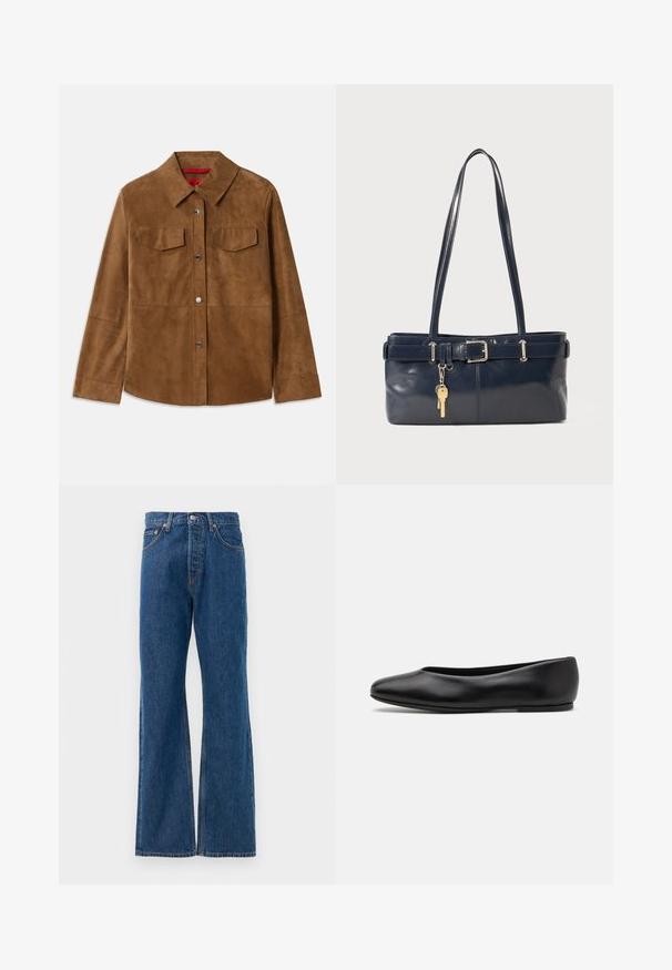Rjava usnjena jakna z ovratnikom, dvema žepoma na prsih in srebrnimi zakovicami. Gladka tekstura, ravno spodaj in dolgi rokavi.; Prugasta srajca z gumbniki z belo podlago, ki vključuje ozke večbarvne črte v modri, oranžni in zeleni barvi. Dolgi rokavi in klasičen ovratnik.; Modre flared jeans iz denima z visokim pasom, opremljene s petimi žepi, srebrnim gumbom za zapiranje in vidnimi šivi.; Paul Smith TOPANGA - Balerinke - black; Mornarska usnjena torbica z dvema dolgima ročajema, dodatkom z zaponko in pritrjeno ključavnico. Ima gladko teksturo in pravokotno obliko.