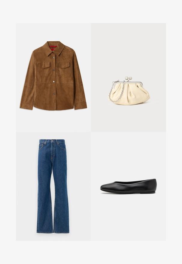 Casaco de camurça castanho com gola, dois bolsos no peito e botões de pressão prateados. Textura suave com bainha reta e mangas longas.; Camisa de botões às riscas com uma base branca, apresentando linhas finas e multicoloridas em azul, laranja e verde. Mangas longas e colarinho clássico.; Calças de ganga azul de boca larga com uma cintura alta, apresentando cinco bolsos, um fecho de botão prateado e costuras visíveis.; Paul Smith TOPANGA - Sabrinas - black; Clutch de couro bege plissado com uma estrutura de metal prateado, apresentando dois fechos decorativos redondos e uma alça de corrente prateada.