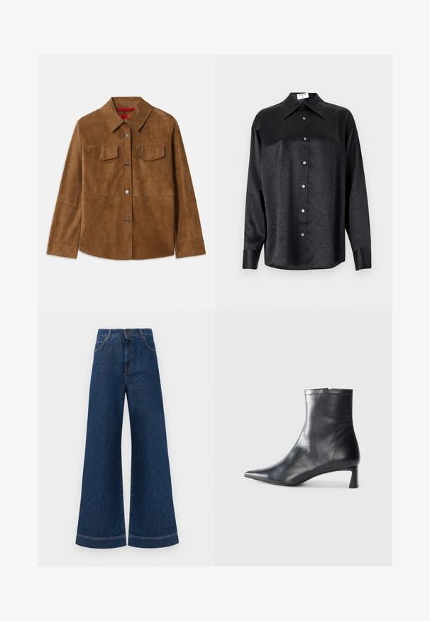 Brun ruskindsjakke med krave, to brystlommer og sølvtrykknapper. Glat tekstur med lige kant og lange ærmer.; Sort langærmet skjorte med krave, der har en krøllet tekstur, fuld knaplukning foran og manchetter. Lavet af et glat stof.; Bredde ben blå denim jeans med høj talje, der har knaplukning, bæltestropper og diskrete syninger langs lommerne og kanterne.; Sort læder ankelstøvle med spids tå og et strømlinet design. Har en lav hæl og en lynlås lukning bagpå. Glat tekstur.