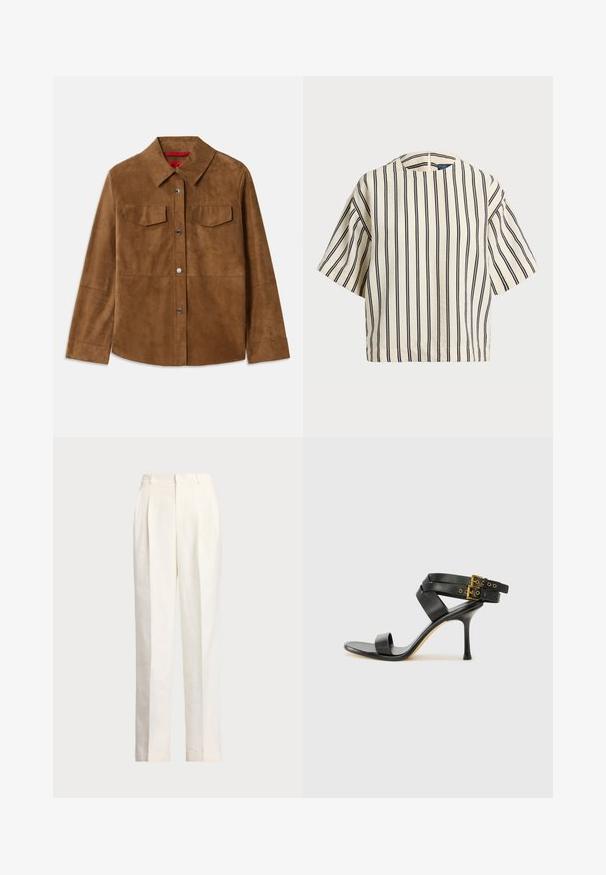 Pruun sametjakk, millel on kraega kaelus, kaks rinnanakku ja hõbedased nööbid. Sile tekstuur otse servaga ja pikad varrukad.; Kreemjas ja tumesinises triibuline lühikeste varrukatega top, millel on ümmargune kaelus ja kastmine disain, valmistatud tekstuurses kangas.; Polo Ralph Lauren HEMP WIDE LEG PANT - Püksid - nevis; Mustad mustand koos ristatud rihmade ja reguleeritava pandlaga. Omab siledat tekstuuri ja kitsenevat stiletto kontsa.