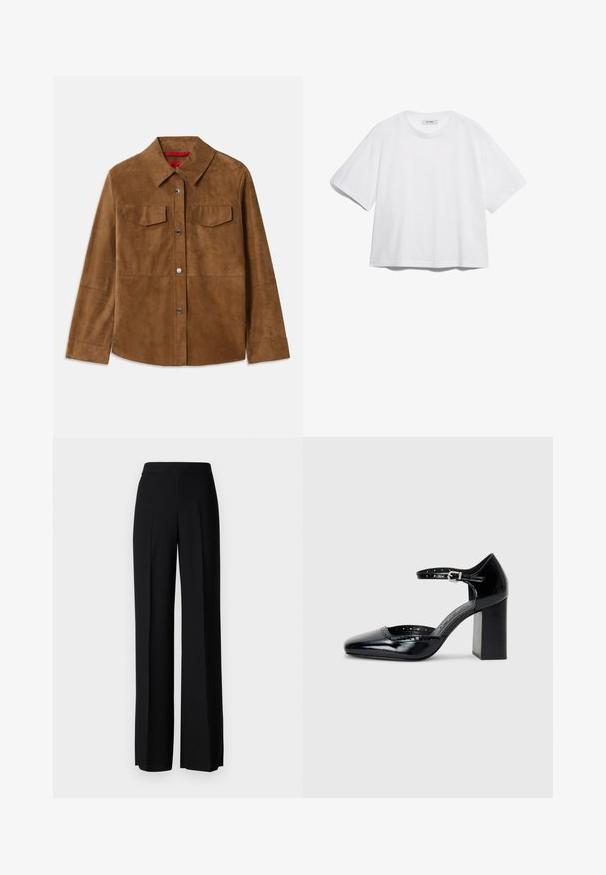 Barna velúr dzseki gallérral, két mellzsebbel és ezüst színű patentgombokkal. Simább textúrájú, egyenes aljjal és hosszú ujjakkal.; Fehér pamut póló rövid ujjal, kerek nyakkivágással, laza fazonnal, és nincsenek rajta látható minták vagy grafikák. Sima textúra és egyszerű dizájn.; Fekete, széles szárú nadrág sima tapintással, magas derékkal és középen pliszével. Nincsenek látható minták vagy fém részletek.; Fekete patent bőr, magas sarkú cipők négyzetes orral, bokapánttal és vastag sarkal. A szélén lyukacsos díszítéssel.