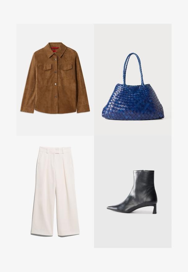 Bruine leren jasje van suede met een kraaghals, twee borstzakken en zilveren drukknoopjes. Glad textuur met een rechte zoom en lange mouwen.; Witte katoenen t-shirt met korte mouwen en ronde hals, met het woord "INTROSPECTIE" in lichtblauwe tekst over de borst.; Brede broekspijpen in een lichte crèmekleur, gemaakt van gladde stof met twee voorzakken en zichtbare stiksels op de tailleband.; Zwarte leren enkellaars met een spitse neus en een slank ontwerp. Heeft een lage hak en een ritssluiting aan de achterkant. Gladde textuur.; Geweven blauwe leren schoudertas met twee gevlochten handvatten, met een slouchy, hoekige vorm en een gestructureerd oppervlak.