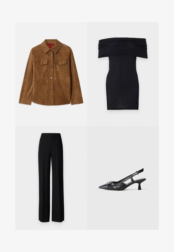 Bruine leren jasje van suede met een kraaghals, twee borstzakken en zilveren drukknoopjes. Glad textuur met een rechte zoom en lange mouwen.; Zwarte off-the-shoulder jurk met geplooide halslijn, slim fit en een gladde textuur. Minimalistisch ontwerp, knielang en zonder verdere versieringen.; Zwarte wijde broek met een gladde textuur, voorzien van een hoge tailleband en middelste plooien. Geen zichtbare patronen of hardware-details.; Zwarte leren slingback schoen met een puntige neus, decoratieve banden met metalen oogjes en een lage blokhak. Textuur oppervlak.