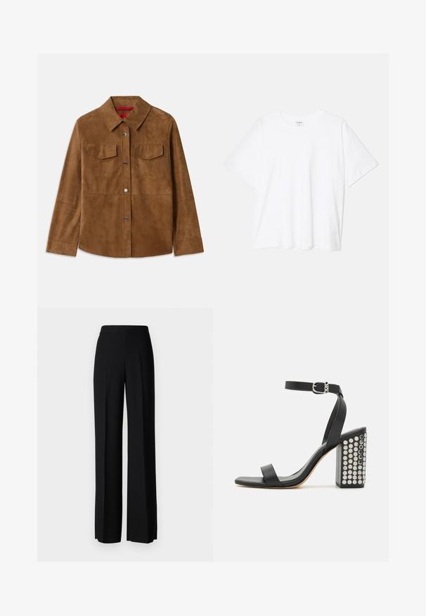 Ruda zomšinė striukė su apykakle, dviem krūtinės kišenėmis ir sidabriniais spaustukais. Lygus paviršius, tiesus kirpimas ir ilgos rankovės.; Balta medvilnės marškinėliai trumpomis rankovėmis, apvalia iškirpte, laisvo kirpimo ir su siūtu kraštu. Etiketė matoma vidinėje iškirptės pusėje.; Juodi platūs kelnių kelnės su lygiu paviršiumi, turinčios aukštą liemenį ir centrinės raukšlės. Nėra matomų raštų ar metalinių detalių.; Juodos odinės aukštakulnės šlepetės su kulkšnies dirželiu. Yra kvadratinis pirštas, lygus paviršius ir kvadratinis bloko kulnas, papuoštas sidabriniais nagais.