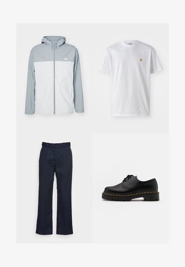 Kergweight tuulekindel jakk helesinisest ja valgest, millel on tõmblukk ees, reguleeritav kapuuts ja küljetaskud. Valmistatud siledast kangast.; Valge puuvillane t-särk lühikeste varrukatega, ümmargune kaelus, millel on väike kuldne logo vasakul rinnal. Pehme tekstuur ja regulaarne lõike.; Tumed sinised püksid sirge jala disainiga, valmistatud siledast kangast, millel on tavapaneel ja ei ole nähtavaid mustreid või metallosi.; Must musta lesti kingad ümarate varvastega, tekstureeritud kummitald ja kollane õmblus aluse ääres. Lame disain ja sile viimistlus.
