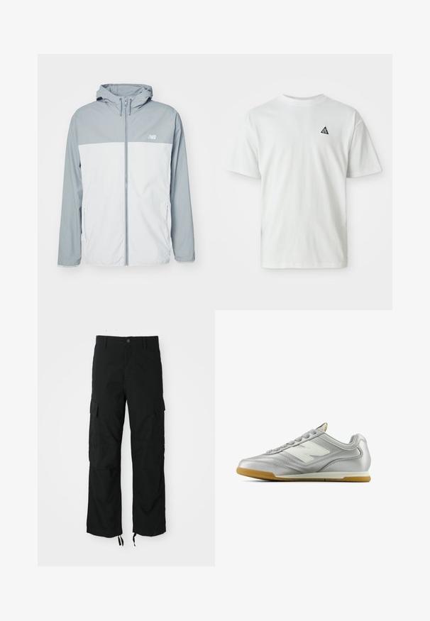 Lengvas vėjo dėtuvė šviesiai pilkos ir baltos spalvų, su užtrauktuku priekyje, reguliuojamu gobtuvu ir šoninėmis kišenėmis. Pagaminta iš glotnaus audinio.; Balta trumpa rankovė T-marškiniai su mažu juodu trikampio logotipu, kuriame yra "acg", kairėje krūtinės pusėje, vienodas fonas.; Juodos kargo kelnės, pagamintos iš patvarios medžiagos, turinčios dvi šonines kišenes, mygtukų užsegimą ir reguliuojamus sijonus, kad būtų laisvas, atsipalaidavęs įvaizdis.; Sidabriniai sportiniai bateliai su lygiu, blizgiu paviršiumi, balta logo šone, tekstūruotomis pilkomis raištelėmis ir guminiais padais.