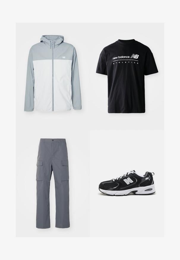 Lightweight windbreaker jacket in light grey and white, featuring a zip front, adjustable hood, and side pockets. Crafted from smooth fabric.; Black cotton t-shirt featuring a crew neck, short sleeves, and white "new balance" and "ATHLETICS" text graphics on the front.; Gray cargo pants made of durable fabric. Features include an elastic waistband, two large side pockets, and a straight-leg cut.; Black and gray athletic shoes with mesh and suede upper, featuring a white midsole, laces, and a bold "N" logo on the side.