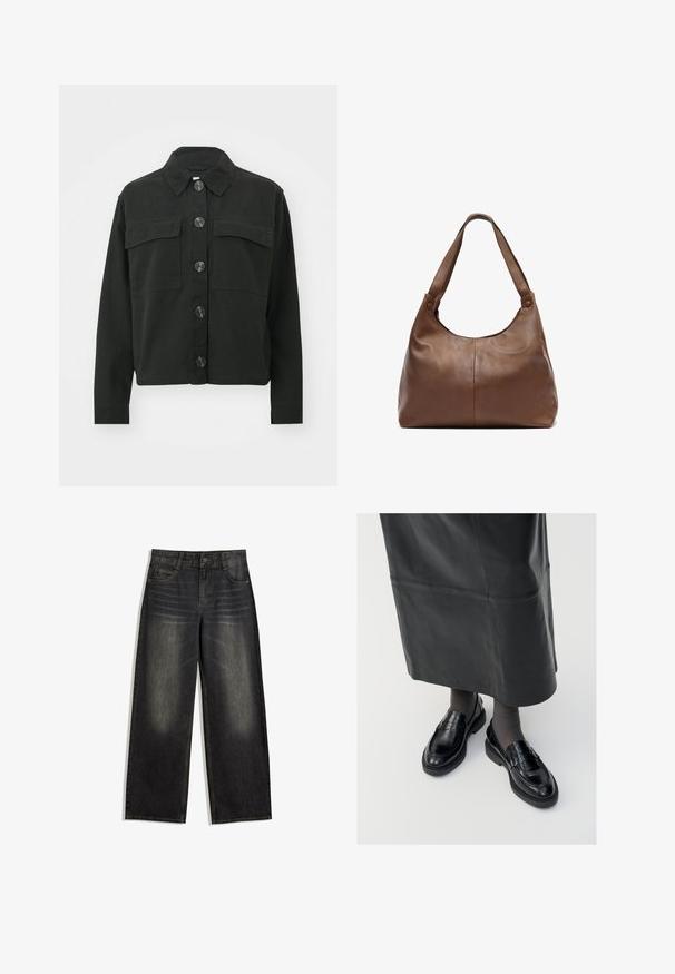 Zwarte jack van katoen met een knoopsluiting aan de voorkant, een kraag en twee borstzakken; beschikt over grote knopen en lange mouwen.; Gesmokt blouse met een geruit patroon in zwart, wit en beige. Volant halslijn en manchetten, lange mouwen, cropped fit.; Zwarte spijkerbroek met wijde pijpen, vervaagde textuur, vijf-pocket ontwerp en contrasterende stiksels. Voorzien van een knoopsluiting en riemlussen.; Zwarte leren loafers met een gladde afwerking, voorzien van een decoratieve band, ronde neus en gestructureerde zool. Draagt met een lange zwarte leren rok.; Bruine leren handtas met een zachte, ronde vorm. Beschikt over een enkele, stevige schouderband en subtiele stiksels. Glad textuur.