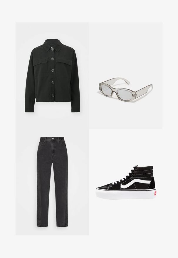 Črna jakna iz bombaža z gumbi spredaj, ovratnikom in dvema žepoma na prsih; ima velike gumbe in dolge rokave.; Tri dolga rokava zložena: črna, siva in bela. Vsaka ima okroglo izreznico in skrajšan dizajn z gladkim, lahkotnim materialom.; Črne denim hlače s ravnimi nogami in visokim pasom, sprednjim gumbom in zadrgo ter petimi žepi na belem ozadju.; Črne visoke superge z belimi vezalkami, belim logotipom in kontrastnim belim šivom. Imajo debel bel podplat in teksturirano usnje.; Sive prozorne sončne naočale pravokotne oblike, s ploščatimi lečami in debelimi nogicami. Imajo subtilen detajl tečaja na templjih.