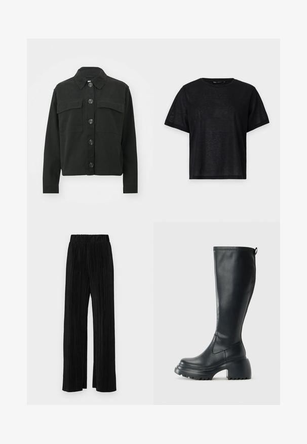 Black jacket made of cotton with a buttoned front, a collar, and two chest pockets; features large buttons and long sleeves.; Black short-sleeve t-shirt with a relaxed fit, featuring a smooth texture and a crew neckline. Lightweight fabric with a subtle sheen.; Black pleated trousers with an elastic waistband. Features wide legs and a smooth, textured fabric with vertical stripes.; Tall black leather boot with chunky platform sole and block heel, featuring pull tab and textured tread on outsole.