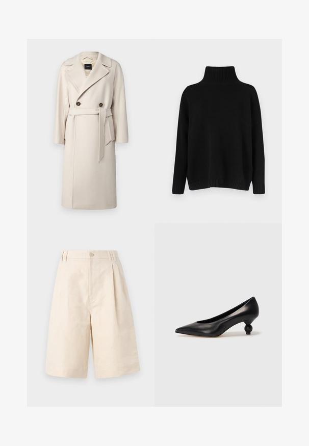 Weekend Max Mara RESINA - Mantel - avorio; Zwarte gebreide trui met een hoge, geribbelde kraag, verlaagde schouders en een ontspannen pasvorm. Voorzien van geribbelde manchetten en zoom voor textuur.; Beige linnen shorts met een relaxte pasvorm, voorzien van een knoopsluiting, geplooid ontwerp en knie-lange snit. Glad textuur en eenvoudig stijl.; Zwarte leren hoge hak schoen met een spitse neus en een ronde, bolle hak. Gladde textuur met een elegant, minimalistisch ontwerp.