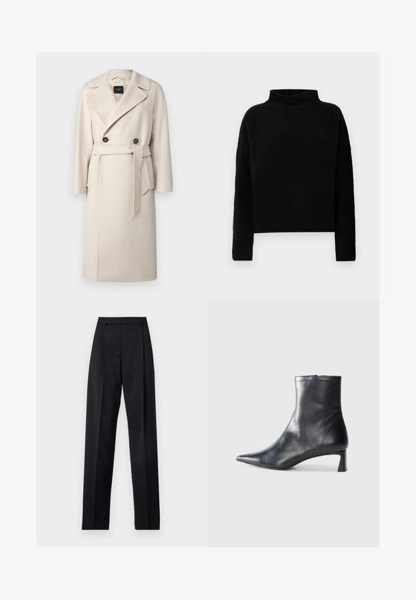WEEKEND MaxMara RESINA - Klasisks mētelis - avorio; Melnas augstās apkakles džemperis, kas izgatavots no mīkstas auduma, ar garām piedurknēm un brīvu piegriezumu, ar minimālām šuvēm un bez redzamiem rotājumiem.; Melnas bikses, izgatavotas no gludas auduma, ar augstu vidukli, platiem bikšu galdniekiem, priekšējiem krokām un klasiskām jostu cilpām. Sānu kabatas nav redzamas.; Melnas ādas potītes zābaki ar norādītu pirkstu un elegantu dizainu. Iezīmē zemu papēdi un rāvējslēdzēja aizdari aizmugurē. Gluda tekstūra.