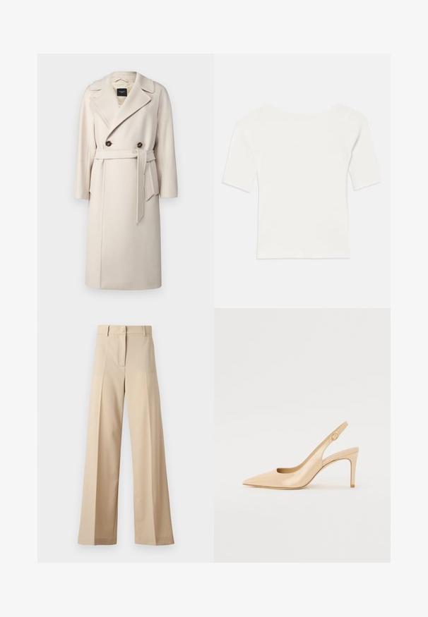 WEEKEND MaxMara RESINA - Mantel - avorio; Witte ribben top met korte mouwen en een brede hals. De textuur heeft verticale strepen, die een snug fit en eenvoudig ontwerp benadrukken.; Beige wijde broek gemaakt van gladde stof, met een flatte voorkant met plooien, een rits en riemlussen. Over het geheel een getailleerde pasvorm.; Nude gepatineerd leren slingbackhak met een spitse neus, open vamp en een dunne stilettohak. Bevat een ronde gouden accent op de band.