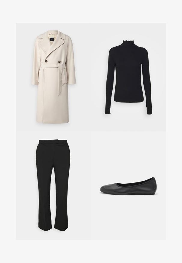 WEEKEND MaxMara RESINA piaskowy; Czarny, długi rękaw, golf z gładkiego materiału, z falbaniastym kołnierzem i dopasowanym krojem z prostymi brzegami.; Czarne, dopasowane spodnie o prostym kroju, z pętelkami na pasek i kieszeniami po bokach. Wykonane z gładkiego materiału o czystym wykończeniu.; Czarne skórzane baletki z zaokrąglonym noskiem, gładką fakturą, minimalnymi przeszyciami i elastycznym designem podeszwy.